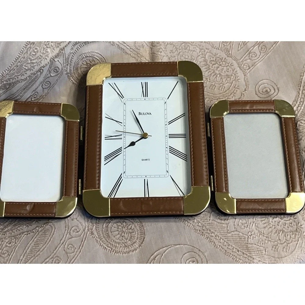 Bulova Folding Travel Clock Leather And Brass With 3 X 4.5 Photo Frames